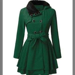 Deep Green Faux Fur Trench Coat Winter Jacket Camisa Size Large